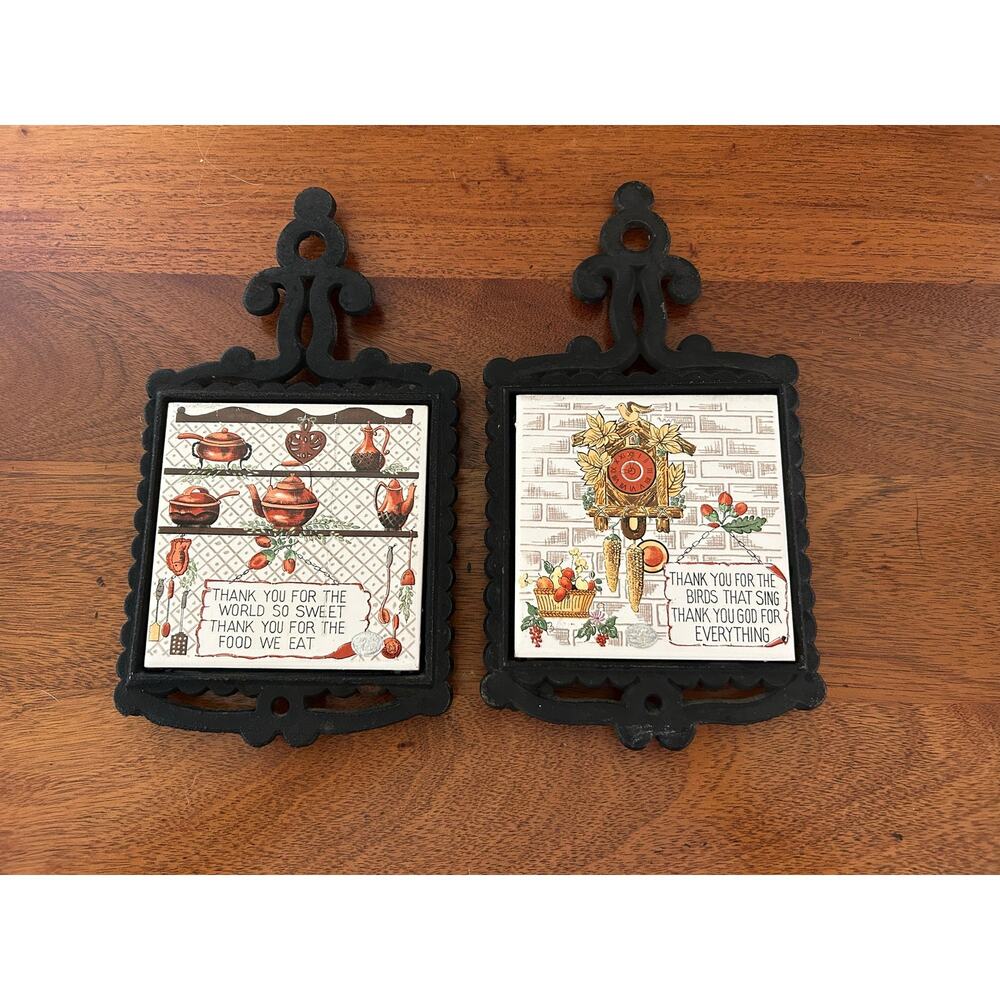 Vintage Enesco Japan Ceramic Tile Trivets Set of 2 Cast Iron Frames